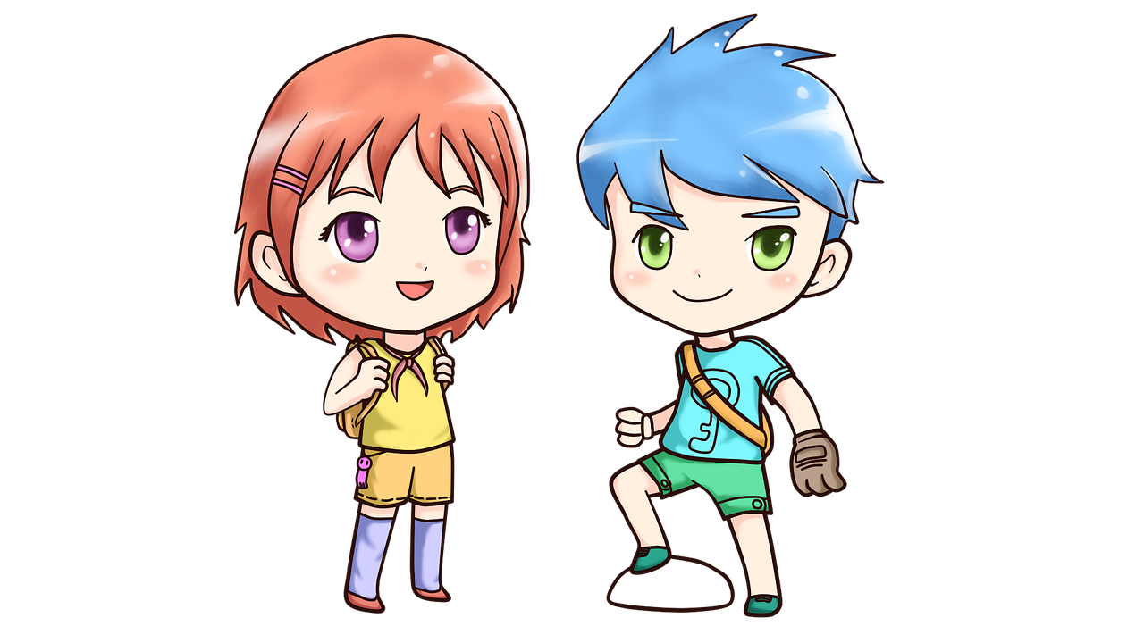 girl with orange hair and boy with blue hair