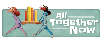 image of two children carrying books text of slogan all together now