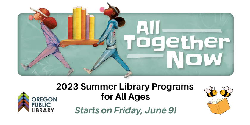 image of two black girls carrying books text is 2023 summer library program starts on Friday, June 9th all together now