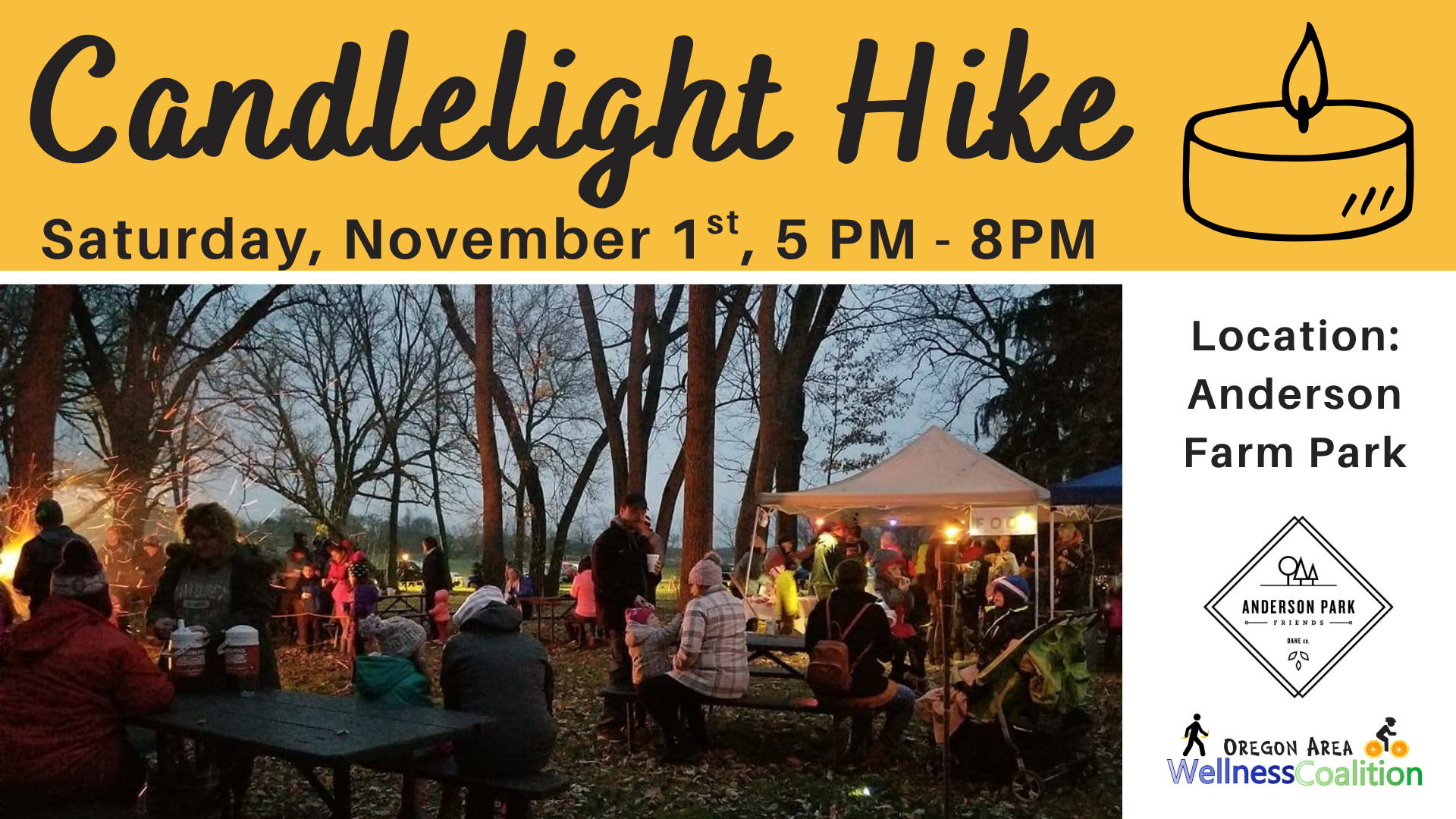 photo of people outdoors at tables and bonfire