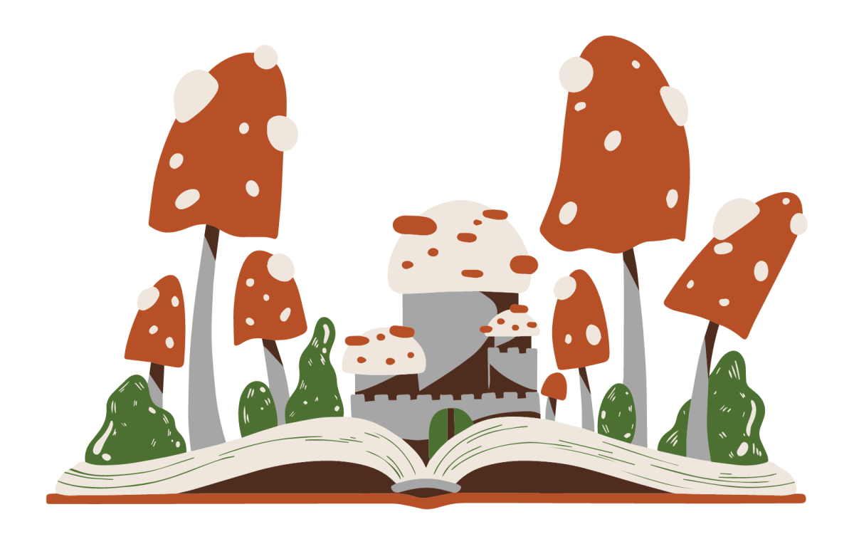 book open with mushrooms and a castle growing out of it