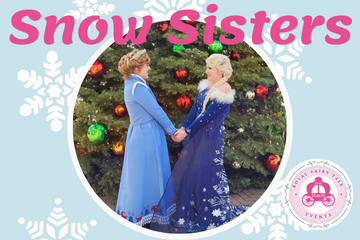Snow sisters title in pink. Photo of Anna and Elsa. Background light blue with white snowflakes