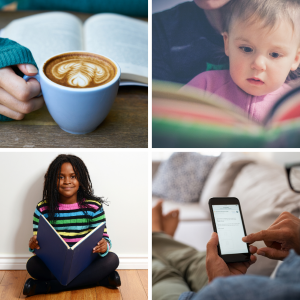 book and hot cocoa, child being read to, girl holding book, man reading a phone