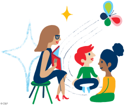 Illustrated image of a woman reading a book to two children.
