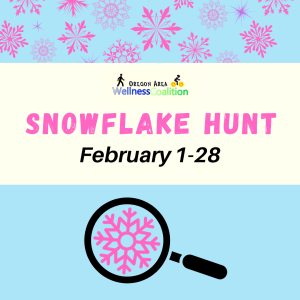 Snowflake Hunt text with black magnifying glass looking at pink snowflake on a blue background with pink snowflakes