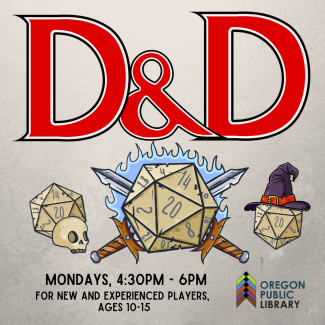 Teen D&D Background looks like white paper. Image of three 20-sided dice, including illustrated add-ons like a witches hat, two swords, and a skull.