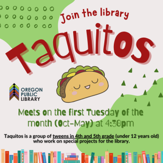 Taquitos Meeting Image of an illustrated taco with a smiling face. The bottom has a row of illustrated books.