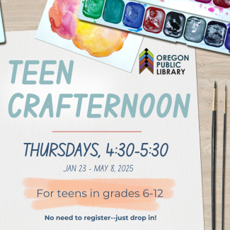 Teen Crafternoon 2025 Background image looks like a piece of paper with watercolor paints and paintbrushes.