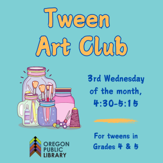 Tween Art Club 2025 Blue back ground with dark blue and yellow text. Illustrated image of art supplies.