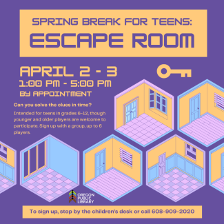 Spring Break: Teen Escape Room Purple background with illustrated images of rooms in a hexagon shape.
