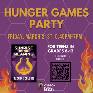 Teen Late Night: Hunger Games Party Purple background with hexagons. Illustrated flames on the edges. Also includes the book cover of Sunrise on the Reaping by Suzanne Collins.