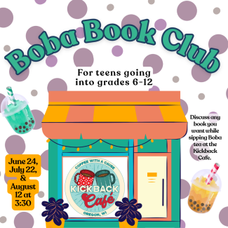 Boba Book Club 2025 Boba Book Club flyer with a purple polka dot background and an illustrated image of a coffee shop storefront, which says Kickback Cafe.