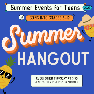 Summer Hangout flyer has a blue background and illustrated images of pineapples wearing sunglasses.