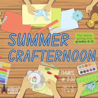 Summer Teen Crafternoon Summer Crafternoon. Background is an illustrated image, made to look like various crafts being done at a picnic table.