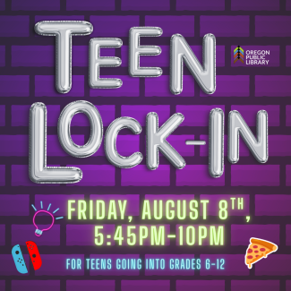 Background is a purple brick background. The words "Teen Lock-In" are in silver balloon letters. Also includes illustrated image of a pizza slice, Nintendo Switch controllers, and trivia icon. 
