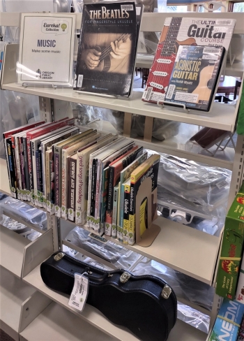 Photo of the shelf of books, DVDs, and a ukulele