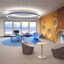 Feature squirrel wall with public computer and chairs