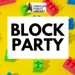 yellow background with legos and title block party in black