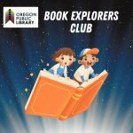 two children flying on a book on a starry night sky with lots of light radiating from bottom of image