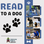 photos of dog chaos, library's big stuffed animals, and child reading with adult