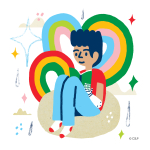 Illustrated image of a boy reading in a beanbag chair. Image include colorful accents.