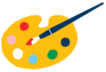Illustrated image of a paint palette with a paint brush. 