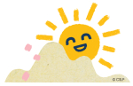 Illustrated image of a sun with a smiling face peeking over a mountain.