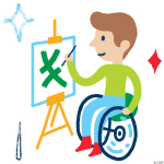 Illustrated image of a boy in a wheelchair painting lines on a canvas on an easel.